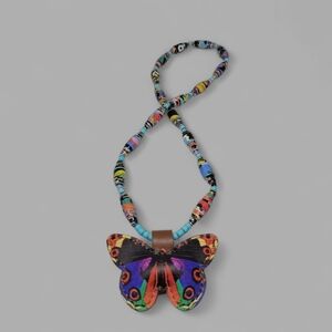 Leather Butterfly and Paper Bead Necklace